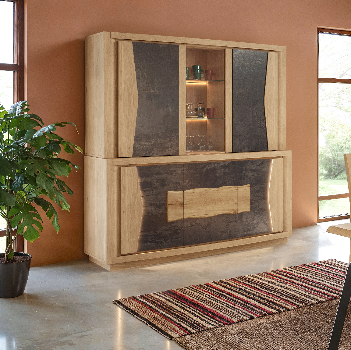 Bahut2 corps avec vitrine, CORTO en chêne et céramique / dekton