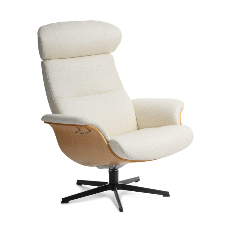 Fauteuil relax TIMEOUT haut de gamme en cuir et chêne. Très confortable.