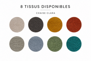 Tissus de la chaise CLARA disponible dans 8 coloris : Gris perle, gris anthracite, beige, taupe, terracotta, vert bouteille, bleu turquoise, jaune moutarde. Girardeau