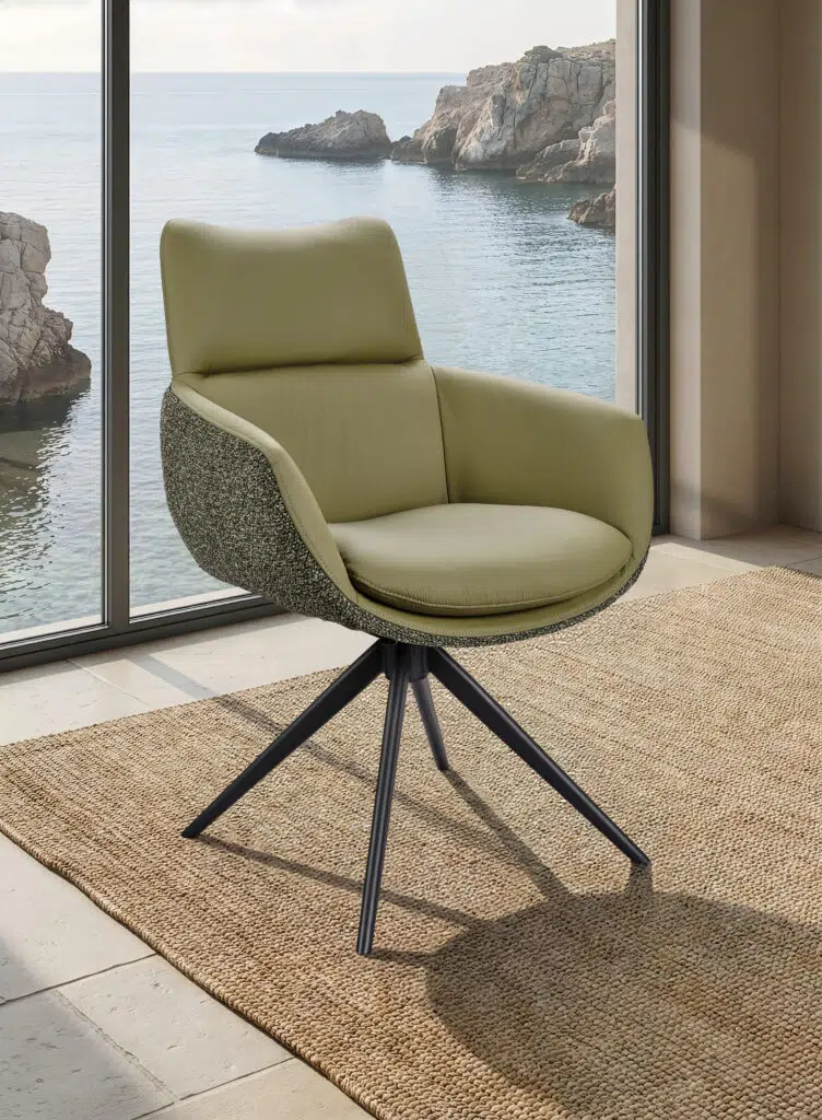 Chaise EVA avec accoudoirs en cuir et tissu avec assise pivotante. Coloris VERT